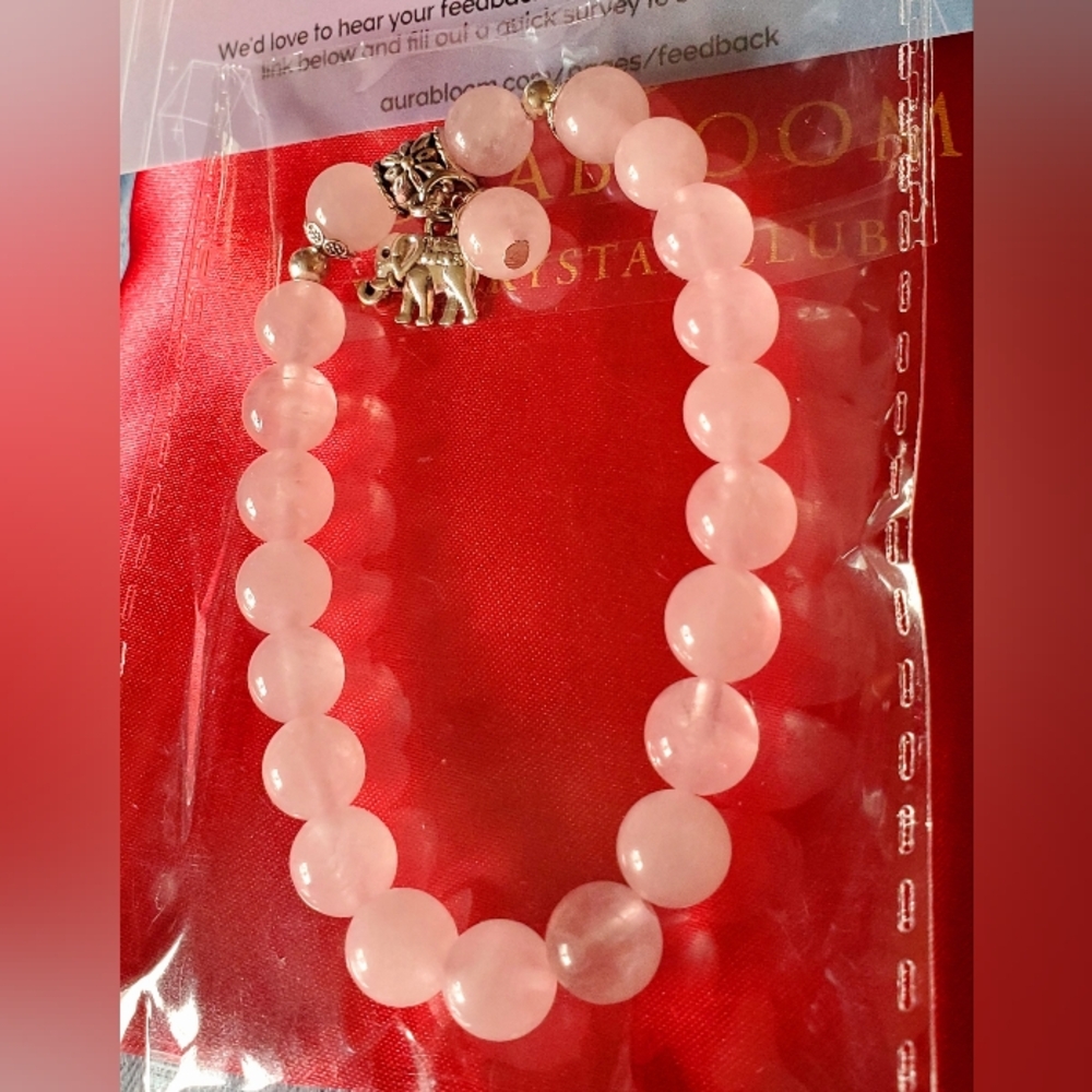 Genuine Rose Quartz Beaded Bracelet with Elephant Charm - By Aura Bloom